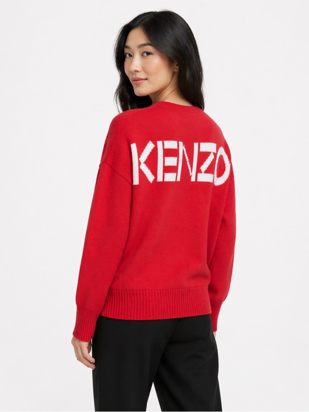 Kenzo Crewneck Logo Rib Pullover Intarsia Sweater Red